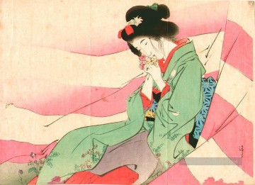  bij Peintre - Bijin en rose et blanc Rideau 1903 japonais